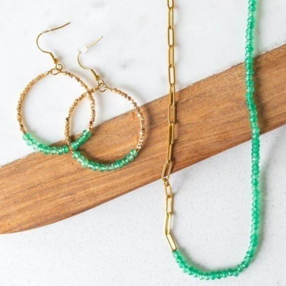 BUNDLE EARRING AND NECKLACE Green Aventurine Sparkly hoops half paperclip chain - Picture 1 of 16